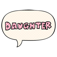 cartoon word daughter and speech bubble in comic book style