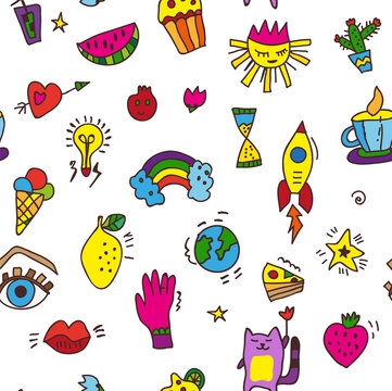 Doodle funny seamless pattern for party or whimsical background. Vector graphic illustration