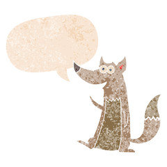 cartoon wolf and speech bubble in retro textured style