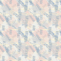 Pastel blue, pink, yellow grunge seamless pattern with abstract hand drawn brush strokes and paint splashes. Messy infinity texture, modern grungy background. Vector illustration. 