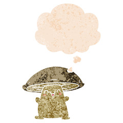 cartoon mushroom character and thought bubble in retro textured style