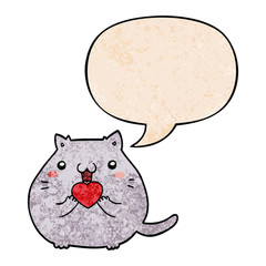 cute cartoon cat in love and speech bubble in retro texture style