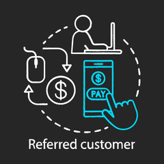 Referred customer concept chalk icon. Referral marketing idea. PPC, customer attraction. Online paymetns. Vector isolated chalkboard illustration