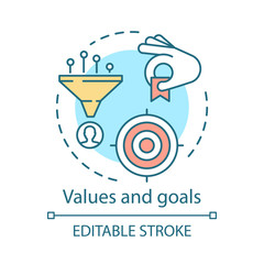 Values and goals concept icon. Vision and mission, aim, business plan, targeting strategy idea thin line illustration. Purpose plan. Vector isolated outline drawing. Editable stroke