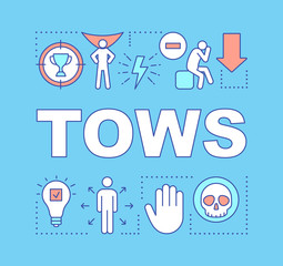 TOWS blue word concepts banner. Strength, weakness, opportunity, threat. Presentation, website. Marketing tools. Isolated lettering typography idea with linear icons. Vector outline illustration