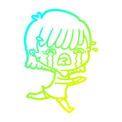 cold gradient line drawing cartoon girl crying