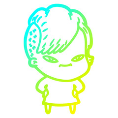 cold gradient line drawing cute cartoon girl with hipster haircut