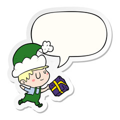 cartoon happy christmas elf and present and speech bubble sticker