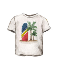 Watercolor t-shirt with a print of surfboards and palm trees on a white background, for design compositions on the theme of vacation, travel, holidays.