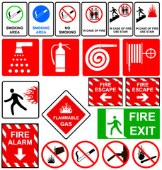 Fire emergency signs. Fire safety signs icons with the exit from the premises. Fire extinguisher icon. Flat fire safety. Vector illustration.