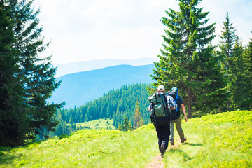 Two friends travel in the mountains with backpacks