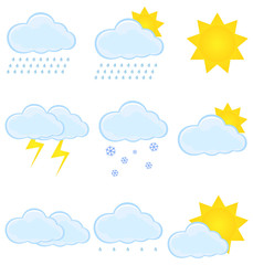 Weather icons. Set of weather icons. Contains symbols of the sun, clouds, snowflakes, wind. Weather icon set. Vector illustration.