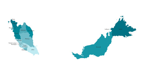 Fototapeta premium Vector isolated illustration of simplified administrative map of Malaysia. Borders and names of the regions. Colorful blue khaki silhouettes