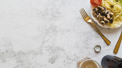 Top view pasta dish on a corner