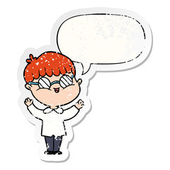 cartoon boy wearing spectacles and speech bubble distressed sticker