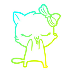 cold gradient line drawing cartoon cat with bow on head