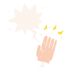 cartoon magic halloween zombie hand and speech bubble in retro style