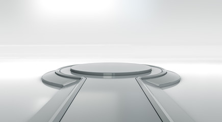 Futuristic interior with empty stage. Modern blank platform Future background. Technology Sci-fi hi tech concept. 3d rendering © Chanchai