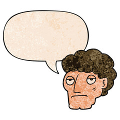 cartoon bored man and speech bubble in retro texture style