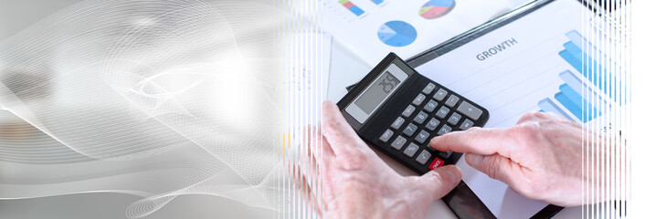 Businessman analyzing financial results; panoramic banner