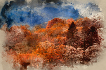 Digital watercolor painting of Stunning Autumn Fall color landscape of Lake District in Cumbria England