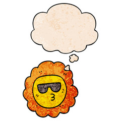cartoon sunflower and thought bubble in grunge texture pattern style