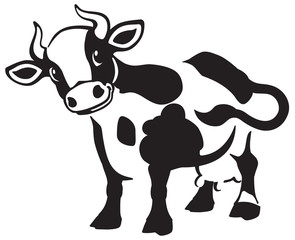 cartoon spotted cow . Black and white icon, logo , emblem . Isolated vector illustration