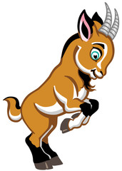 cartoon little brown goat rearing up .Side view isolated vector illustration for babies and little kids