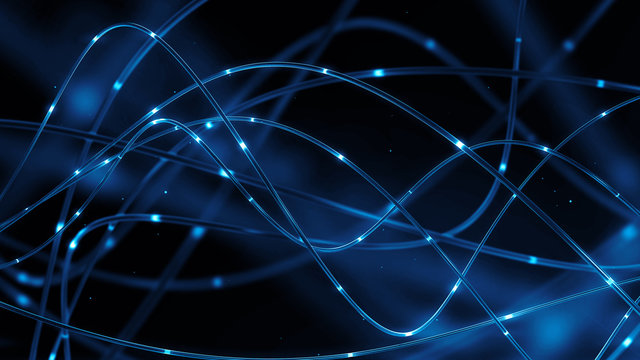 3d render, abstract technology background in blue color. Distribution of the light signal on Optical fibers. Electric circuit and power of data internet. High speed internet connection.