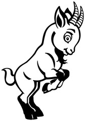cartoon little goat rearing up .Side view black and white vector illustration for babies and little kids