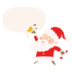 cartoon santa claus and hot cocoa and speech bubble in retro style