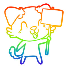 rainbow gradient line drawing laughing cartoon dog with sign