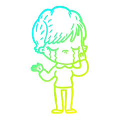cold gradient line drawing cartoon woman crying