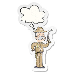 cartoon sheriff and thought bubble as a distressed worn sticker