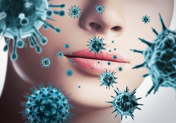 Gesicht mit sich nähernden Viren - Infektionsgefahr