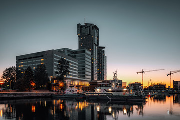 Sea Towers skyscraper in Gdynia after sunset