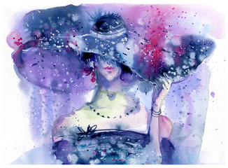 Girl in a hat, fashion, watercolor illustration - 275462134