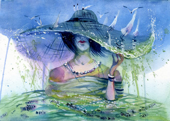 Girl in a hat, fashion, watercolor illustration - 275462138