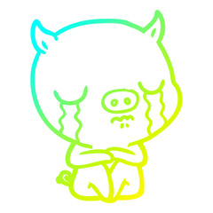 cold gradient line drawing cartoon sitting pig crying