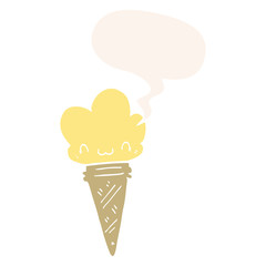 cartoon ice cream and face and speech bubble in retro style