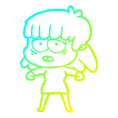 cold gradient line drawing cartoon tired woman