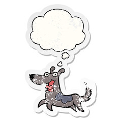 happy dog cartoon and thought bubble as a distressed worn sticker