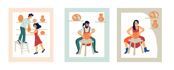 Man and woman the ceramists work at a potter's wheel in a ceramic workshop and sale the clay crocy flat vector illustration. The idea for the design of master classes and craft shops, as well as logo.