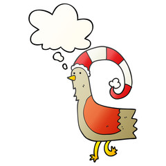 cartoon chicken in funny christmas hat and thought bubble in smooth gradient style