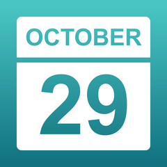 October 29. White calendar on a colored background. Day on the calendar. Twenty-ninth of october. Blue green background with gradient. 
