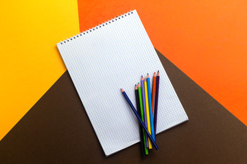 Fototapeta na wymiar back to school concept, empty notebook and colorful pencil isolated on colorful paper background