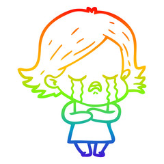 rainbow gradient line drawing cartoon girl crying