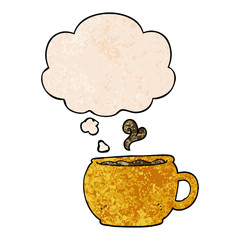 cartoon coffee cup and thought bubble in grunge texture pattern style