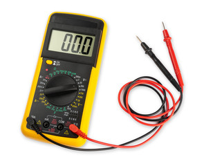 Yellow digital multimeter electronic measurement device tool with red and black cables isolated...