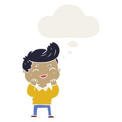 cartoon man laughing and thought bubble in retro style